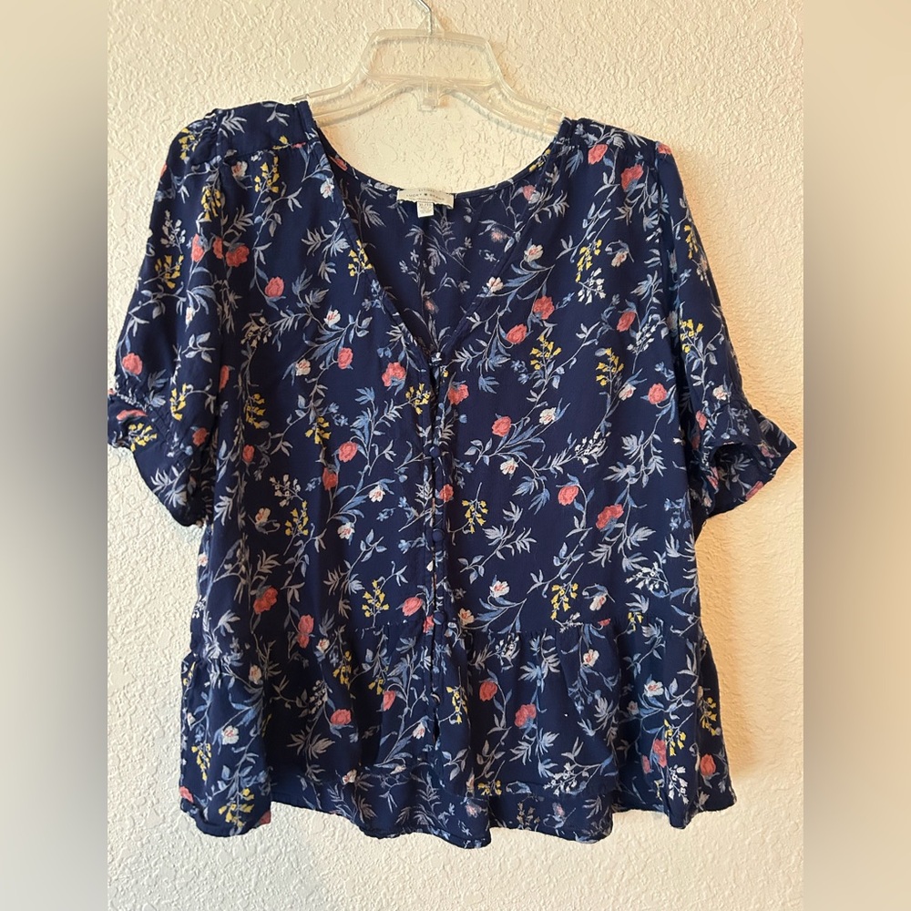 LUCKY BRAND‎ Blue Floral, Short Sleeve, Button Up Top Size XL Spring Summer